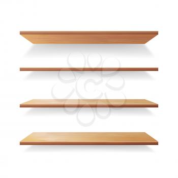Empty Wood Shelves Template Vector Set. Isolated On White Background