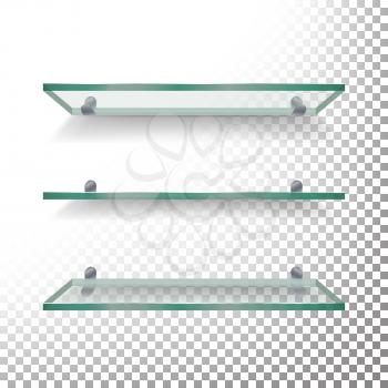 Empty Glass Shelves Template Vector Set. Isolated On White Background
