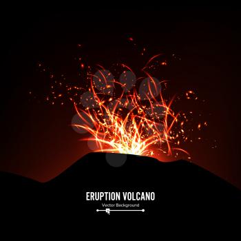 Eruption Volcano Vector. Thunderstorm Sparks. Big And Heavy Explosion From The Mountain. Spewing Glowing Red Hot Lava