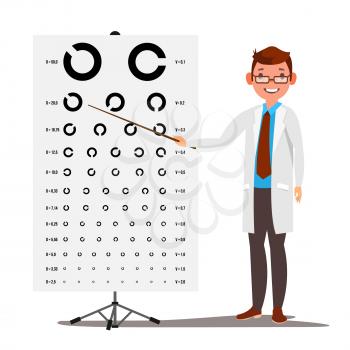 Male Ophthalmology Vector. Sight, Eyesight. Optical Examination. Doctor And Eye Test Chart In Clinic. Ophthalmologist Examining Patient. Medicine Concept. Isolated Illustration