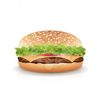 Fast Food Realistic Popular Burger Vector. Photo Realistic Illustration Of The Double Cheeseburger Isolated On White Background.
