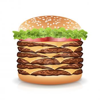Fast Food Realistic Burger Vector. Realistic vector illustration of burger. Hamburger with Meat, Cucumbers, Cheese And Tomato. Vector Classic Burger Isolated.