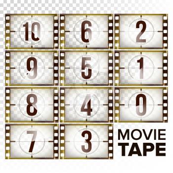 Film Countdown Numbers 10 - 0 Vector. Monochrome Brown Grunge Film Strip. Start Of The Old Film. Isolated On Transparent Background Illustration