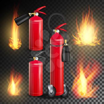 Fire Extinguisher Vector. Burning Fire Flame And Metal Glossiness 3D Realistic Red Fire Extinguisher. Transparent Illustration