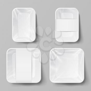 Empty Blank Styrofoam Plastic Food Tray Container. White Empty Mock Up. Good For Package Design
