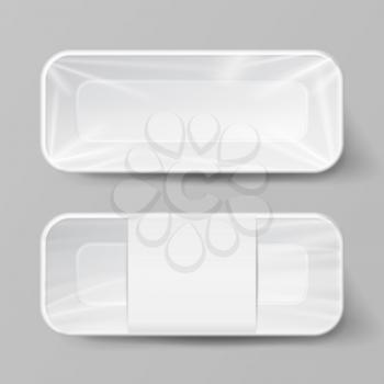 Empty Blank Styrofoam Plastic Food Tray Container. White Empty Mock Up. Good For Package Design