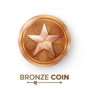Game Bronze Coin Vector With Star. Realistic Bronze Achievement Icon Illustration. For Web, Video Game