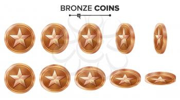 Game 3D Bronze Coin Vector With Star. Flip Different Angles. Achievement Coin Icons, Sign, Success, Winner, Bonus, Cash Symbol. Illustration Isolated On White.