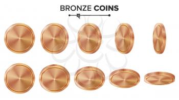 Empty 3D Bronze, Copper Coins Vector Blank Set. Realistic Template. Flip Different Angles. Investment, Web, Game App Interface Concept. Coin Icon, Sign, Banking Cash Symbol