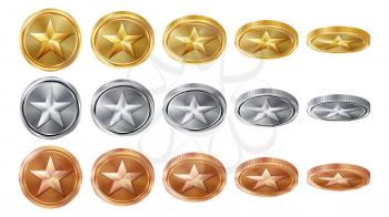 Game 3D Gold, Silver, Bronze Coins Set Vector With Star. Flip Different Angles. Achievement Coin Icons, Sign, Success, Winner, Bonus, Cash Symbol. Illustration Isolated
