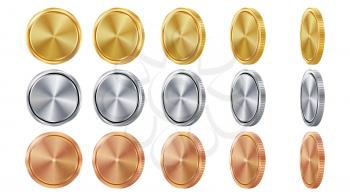 Empty 3D Gold, Silver, Bronze Coins Vector Blank Set. Realistic Template. Flip Different Angles. Investment, Web, Game App Interface Concept. Coin Icon, Sign, Banking Cash Symbol