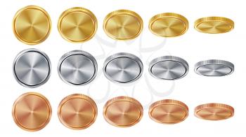 Empty 3D Gold, Silver, Bronze Coins Vector Blank Set. Realistic Template. Flip Different Angles. Investment, Web, Game App Interface Concept. Coin Icon, Sign, Banking Cash Symbol