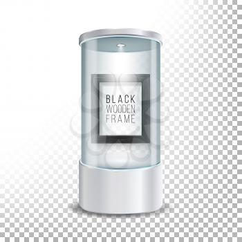 Transparent Glass Museum Showcase Podium With Dark Wooden Picture Frame Template, Spotlight And Sparks. Mock Up Capsule Box For Exhibit And Display Your Product. Vector Illustration