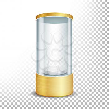 Empty Glass Showcase Podium With Spotlight And Sparks. Round Gold Blank For Exhibit And Display Your Product. Vector Realistic. Transparent Background