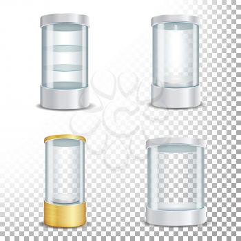 Round Empty Glass Showcase Podium Set With Spotlight And Sparks. Blank For Exhibit With A Pedestal. Isolated Realistic Empty Glass Showcase. Vector. Transparent Background