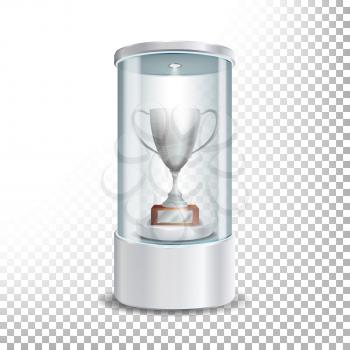 Transparent Glass Museum Showcase Podium With Silver Cup, Spotlight And Sparks. Mock Up Capsule Box For Award Ceremonies. Vector