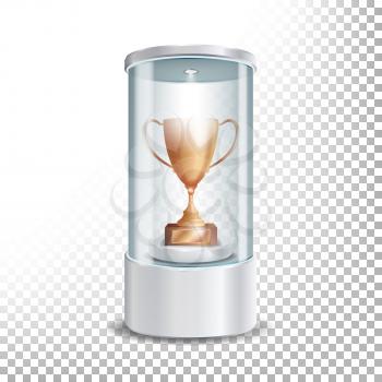 Transparent Glass Museum Showcase Podium With Bronze Cup, Spotlight And Sparks. Mock Up Capsule Box For Award Ceremonies. Vector