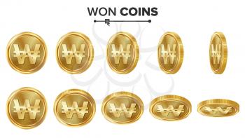 Won 3D Gold Coins Vector Set. Realistic Illustration. Flip Different Angles. Money Front Side. Investment Concept. Finance Coin Icons, Sign, Success Banking Cash Symbol. Currency Isolated