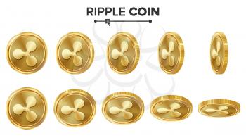 Ripple Coin 3D Gold Coins Vector Set. Realistic. Flip Different Angles. Digital Currency Money. Investment Concept. Cryptography Finance Coin Icons Sign. Fintech Blockchain. Currency Isolated