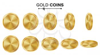 Empty Gold Coins Vector Set. Realistic Template Illustration. Flip Different Angles. Blank Money Front Side. Investment Concept. Finance Coin Icon, Sign, Success Banking Cash Symbol