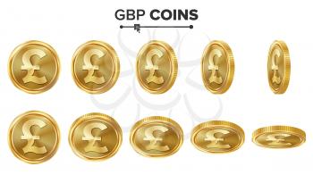 GBP 3D Gold Coins Vector Set. Realistic Illustration. Flip Different Angles. Money Front Side. Investment Concept. Finance Coin Icons, Sign, Success Banking Cash Symbol. Currency Isolated