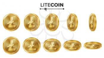 Litecoin 3D Gold Coins Vector Set. Realistic. Flip Different Angles. Digital Currency Money. Investment Concept. Cryptography Finance Coin Icons, Sign. Fintech Blockchain. Currency Isolated