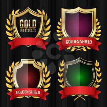 Golden Shield Set With Laurel Wreath And Red Ribbon. Vector Illustration.