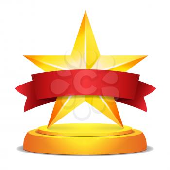 Gold Star Award. Red Ribbon With Place For Text. Vector Illustration. Modern Trophy, Challenge Prize. Beautiful Shiny Label Design. Isolated Vector Illustration