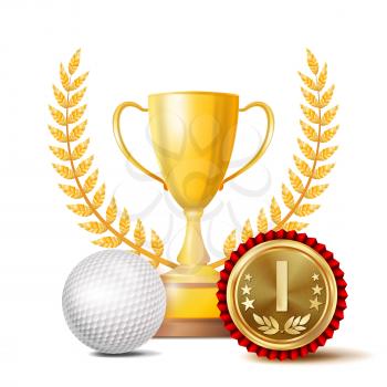 Golf Achievement Award Vector. Sport Banner Background. White Ball, Winner Cup, Golden 1st Place Medal. Realistic Isolated