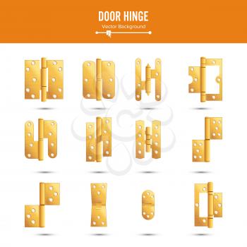 Door Hinge Vector. Set Classic And Industrial Ironmongery Isolated On White Background. Simple Entry Door Metal Hinge Icon. Gold, Brass. Stock Illustration.
