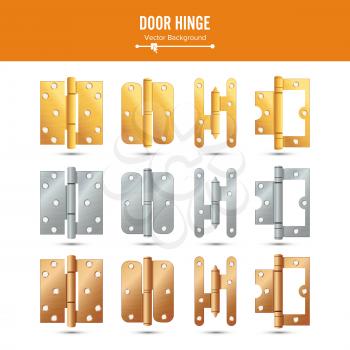 Door Hinge Vector. Set Classic And Industrial Ironmongery Isolated On White Background. Simple Entry Door Metal Hinge Icon. Stainless Steel, Copper, Bronze, Gold, Brass. Stock Illustration.