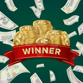 Casino Winner Vector Background. Coins And Dollars Money. Jackpot Prize Design. Winner Concept Illustration.