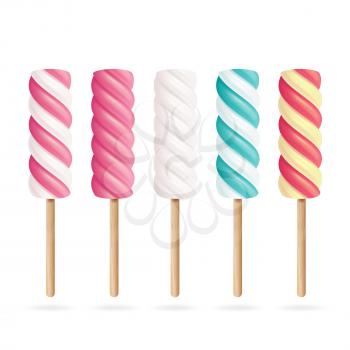 Realistic Marshmallows Candy Vector. Pink And White Spiral Candy. Strawberry And Cream Marshmallow Lollipop