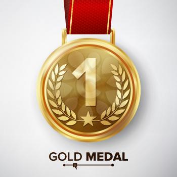 Gold Medal Vector. Metal Realistic First Placement Achievement. Round Medal With Red Ribbon, Relief Detail Of Laurel Wreath And Star. Competition Game Golden Achievement.