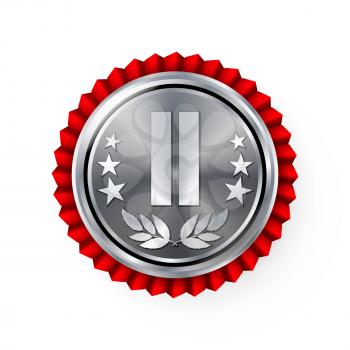 Silver 2st Place Rosette, Badge, Medal Vector. Realistic Achievement With Best Second Placement. Round Championship Label With Red Rosette. Ceremony Winner Honor Prize.
