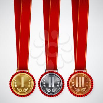 Gold, Silver, Bronze Place Badge, Medal Set Vector. Realistic Achievement With First, Second, Third Placement. Round Championship Label, Red Rosette. Winner Honor Prize.