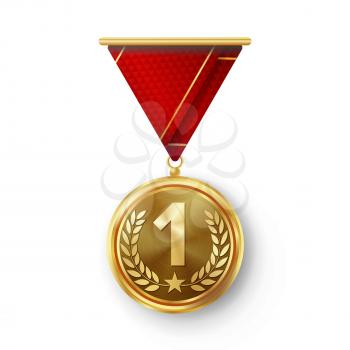 Gold Medal Vector. Metal Realistic First Placement Achievement. Round Medal With Red Ribbon, Relief Detail Of Laurel Wreath And Star. Competition Game Golden Achievement. Winner Trophy