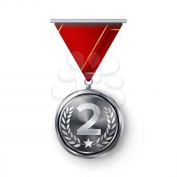Silver Medal Vector. Metal Realistic Second Placement Achievement. Round Medal With Red Ribbon, Relief Detail Of Laurel Wreath And Star. Competition Game Siver Achievement. Winner Trophy