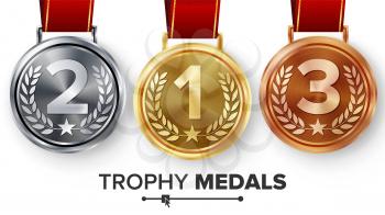 Champion Medals Set Vector. Metal Realistic First, Second Third Placement Achievement. Round Medals With Red Ribbon, Relief Detail Of Laurel Wreath, Star.