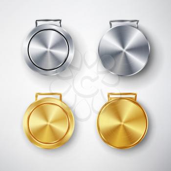 Competition Games Golden And Silver Medal Set Template Vector. Competition Games Golden, Chrome Medal Template. Realistic Circle Geometric Badge. Metal Texture. Sport Ceremony Design Concept