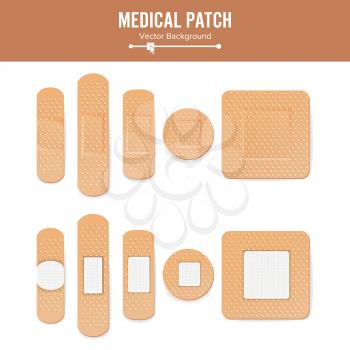 Medical Patch Vector. Two Sides. Adhesive Waterproof Aid Band Plaster Strips Varieties Icons Collection. Realistic Illustration Isolated On White