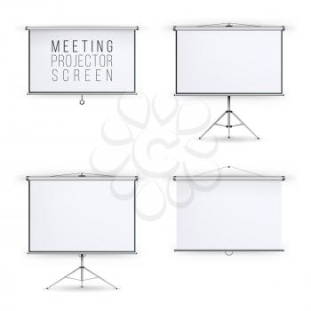 Meeting Projector Screen Vector Set. White Board Presentation Conference With Tripod And Hanging. Empty White Board Presentation And Showing Your Project