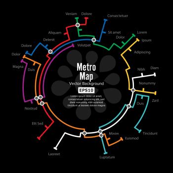 Metro Map Vector. Template Of City Transportation Scheme For Underground Road. Colorful Background With Stations.