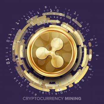 Mining Ripple Cryptocurrency Vector. Golden Coin, Digital Stream. Futuristic Money. Fintech Blockchain. Processing Binary Data Arrays Operation. Cryptography
