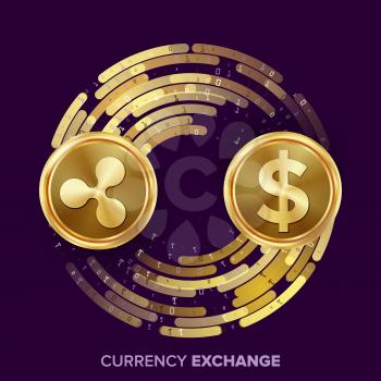 Digital Currency Money Exchange Vector. Ripple Coin, Dollar. Fintech Blockchain. Gold Coins With Digital Stream. Cryptography. Conversion Operation. Business Investment