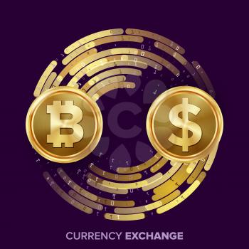 Digital Currency Money Exchange Vector. Bitcoin, Dollar. Fintech Blockchain. Gold Coins With Digital Stream. Cryptography. Conversion Commercial Operation. Business Investment