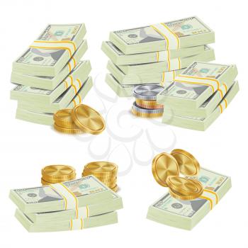 Money Banknotes Stacks Vector. 3D Cash, Gold Coins, Banknotes Piles Illustration