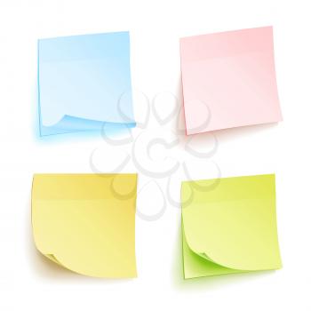 Paper Work Notes Isolated Vector Set. Sticky Note Paper For Noticeboard With Curled Corners Illustration. Colored Sticker Bank