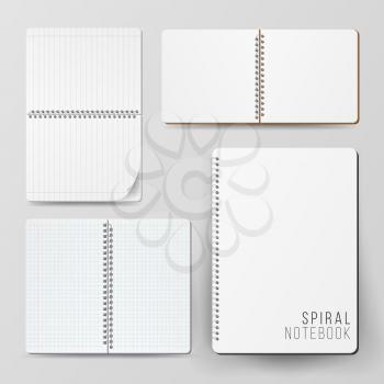 Notebook Set With Coil Spiral. Vector Spiral Notepad. Clean Mock Up For Your Design. Vector illustration