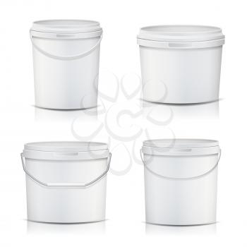 White Bucket Set Container Mock Up Vector. Product Packaging For Adhesives, Sealants, Primers, Putty. With Lid And Handle. Realistic Illustration